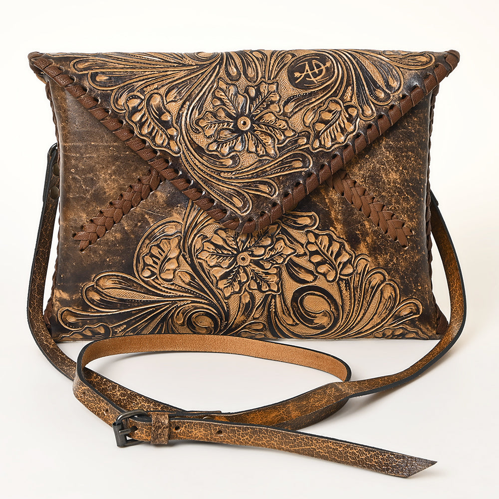 ADBG1109 American Darling Hand-Tooled Genuine Leather Western Envelope Bag - Floral Carved Crossbody