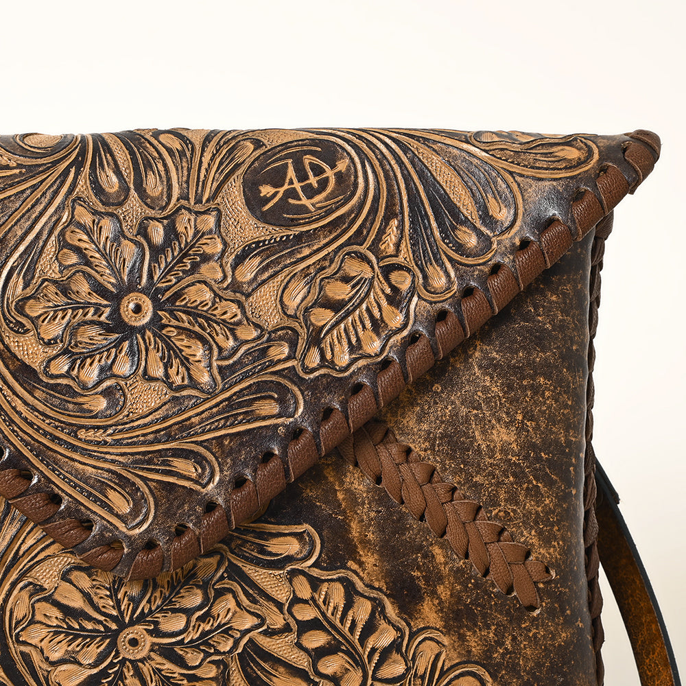 ADBG1109 American Darling Hand-Tooled Genuine Leather Western Envelope Bag - Floral Carved Crossbody