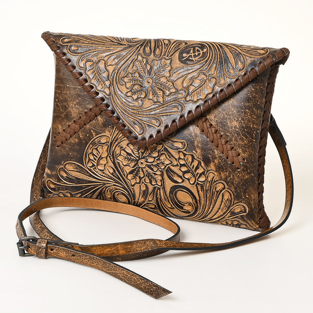 ADBG1109 American Darling Hand-Tooled Genuine Leather Western Envelope Bag - Floral Carved Crossbody