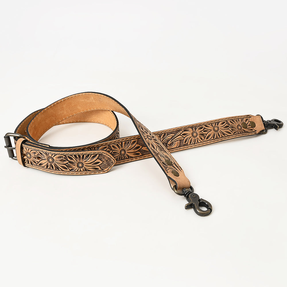 ADBT144 Hand-Tooled Floral Leather Bag Strap with Western Buckle - Adjustable Replacement Strap