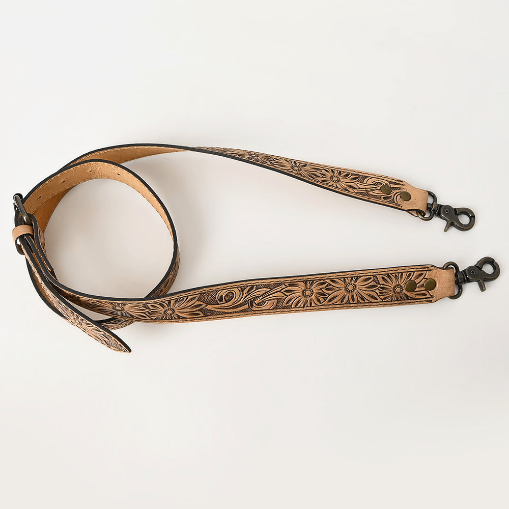 ADBT144 Hand-Tooled Floral Leather Bag Strap with Western Buckle - Adjustable Replacement Strap