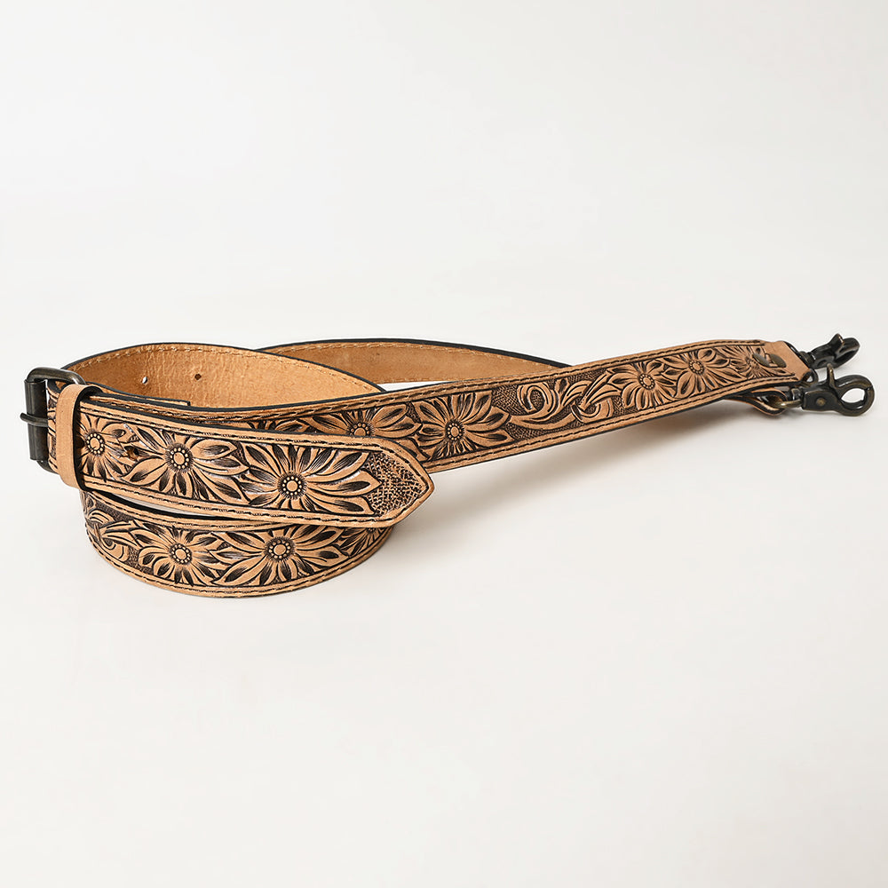 ADBT144 Hand-Tooled Floral Leather Bag Strap with Western Buckle - Adjustable Replacement Strap