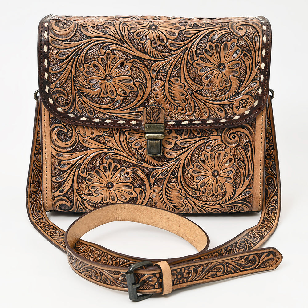 ADBG1428 American Darling Handcrafted Western Leather Messenger Bag with Floral Tooling - Genuine Leather Crossbody