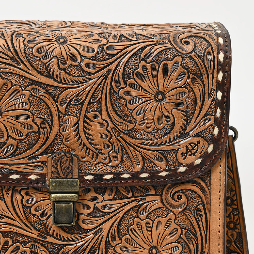 ADBG1428 American Darling Handcrafted Western Leather Messenger Bag with Floral Tooling - Genuine Leather Crossbody