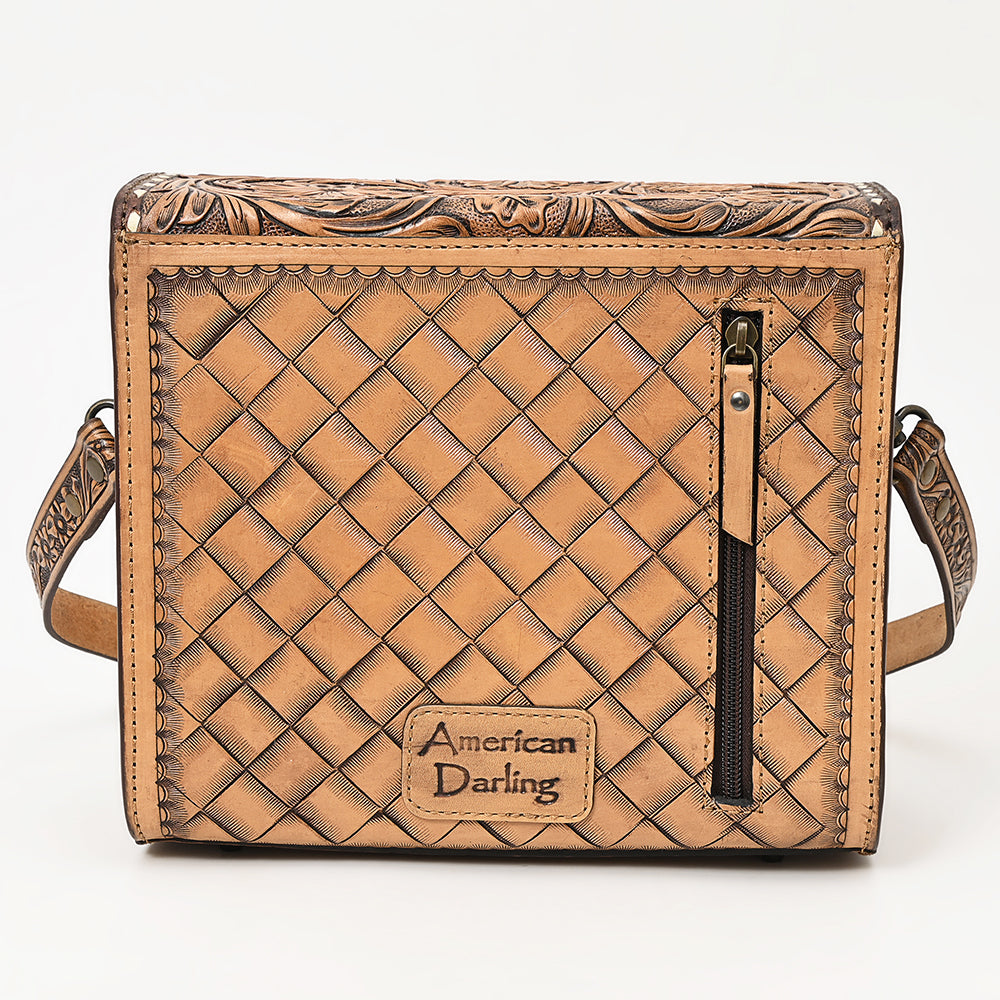 ADBG1428 American Darling Handcrafted Western Leather Messenger Bag with Floral Tooling - Genuine Leather Crossbody