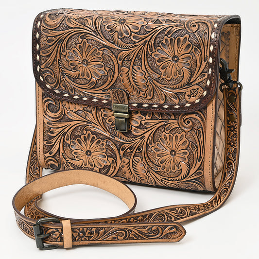 ADBG1428 American Darling Handcrafted Western Leather Messenger Bag with Floral Tooling - Genuine Leather Crossbody