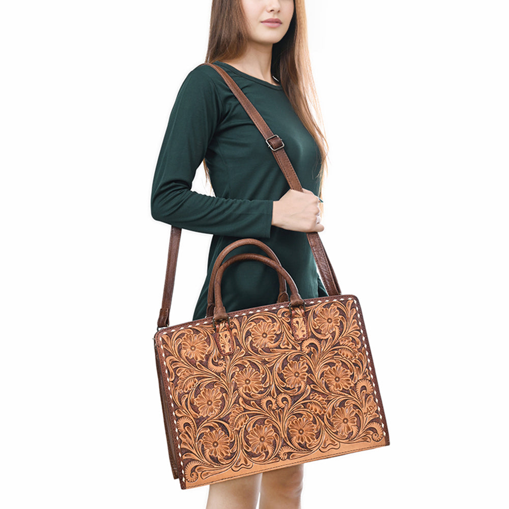ADBG1429 American Darling Hand-Tooled Genuine Leather Western Tote Bag - Floral Carved Artisan Design
