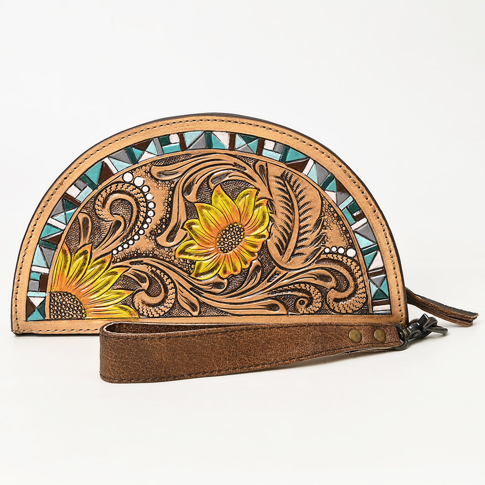 ADBG1433 American Darling Hand-Tooled Genuine Leather Western Taco Bag - Floral Carved Artisan Wristlet