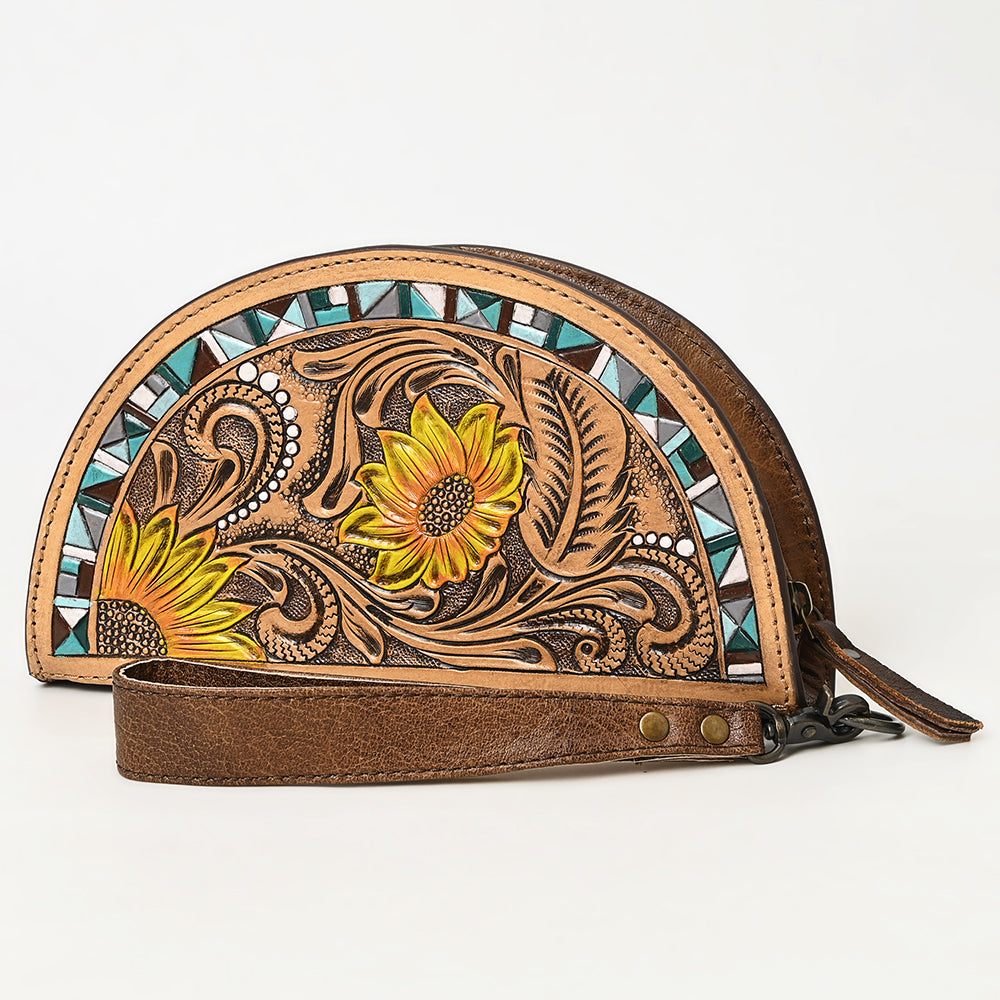 ADBG1433 American Darling Hand-Tooled Genuine Leather Western Taco Bag - Floral Carved Artisan Wristlet