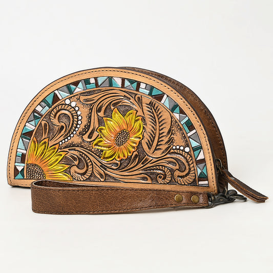 ADBG1433 American Darling Hand-Tooled Genuine Leather Western Taco Bag - Floral Carved Artisan Wristlet