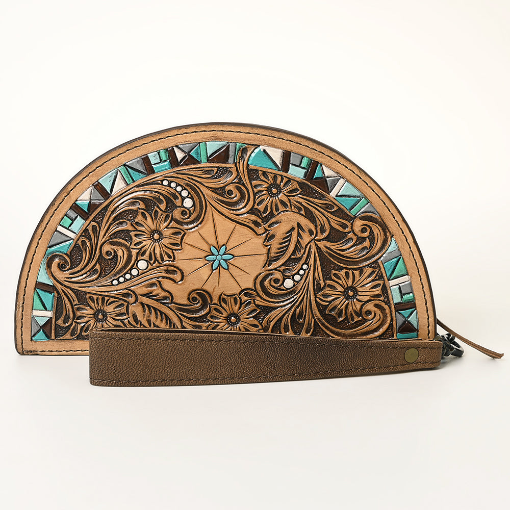 ADBG1433 American Darling Hand-Tooled Genuine Leather Western Taco Bag - Floral Carved Artisan Wristlet