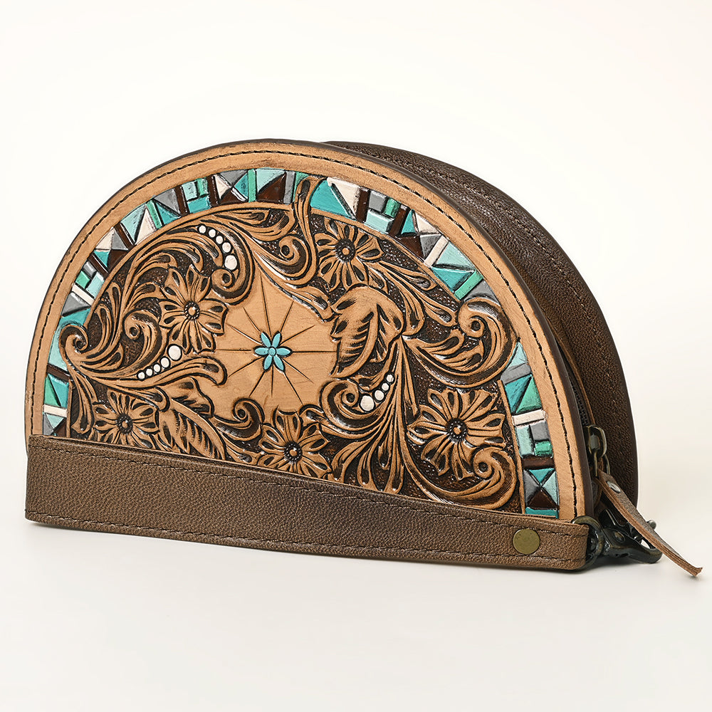 ADBG1433 American Darling Hand-Tooled Genuine Leather Western Taco Bag - Floral Carved Artisan Wristlet