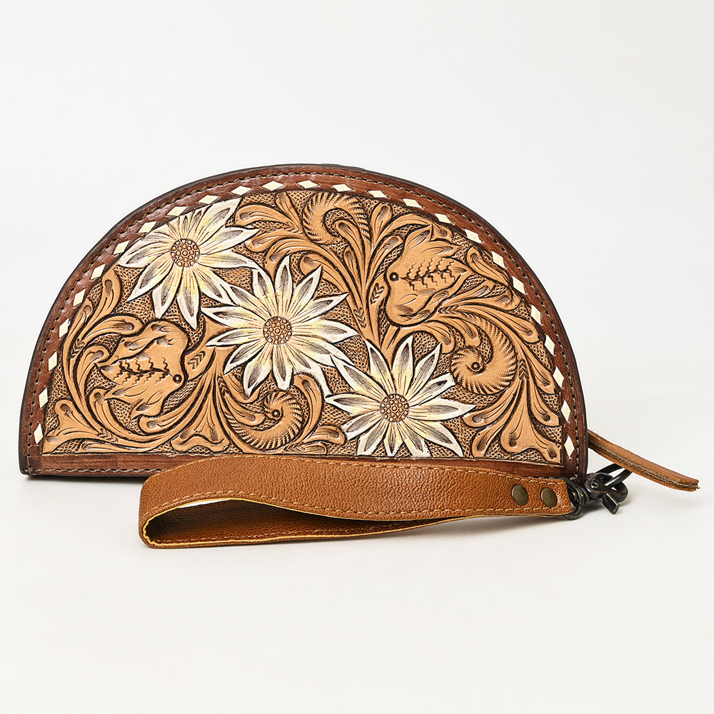 ADBG1433 American Darling Hand-Tooled Genuine Leather Western Taco Bag - Floral Carved Artisan Wristlet