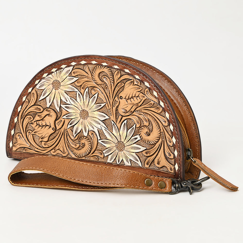 ADBG1433 American Darling Hand-Tooled Genuine Leather Western Taco Bag - Floral Carved Artisan Wristlet