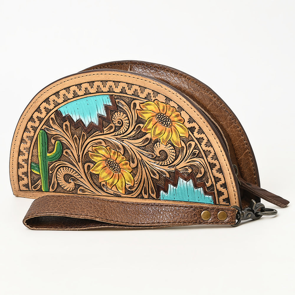 ADBG1433 American Darling Hand-Tooled Genuine Leather Western Taco Bag - Floral Carved Artisan Wristlet