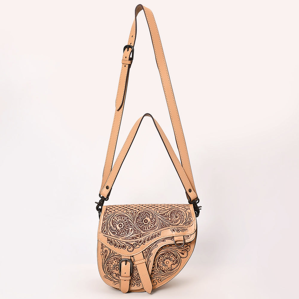 ADBGZ818 Western Saddle bag Crossbody - Hand-Tooled Leather Buckle Flap Bag in Natural Tan