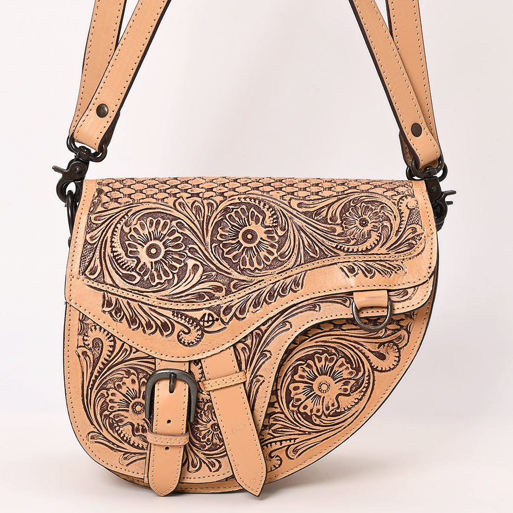 ADBGZ818 Western Saddle bag Crossbody - Hand-Tooled Leather Buckle Flap Bag in Natural Tan