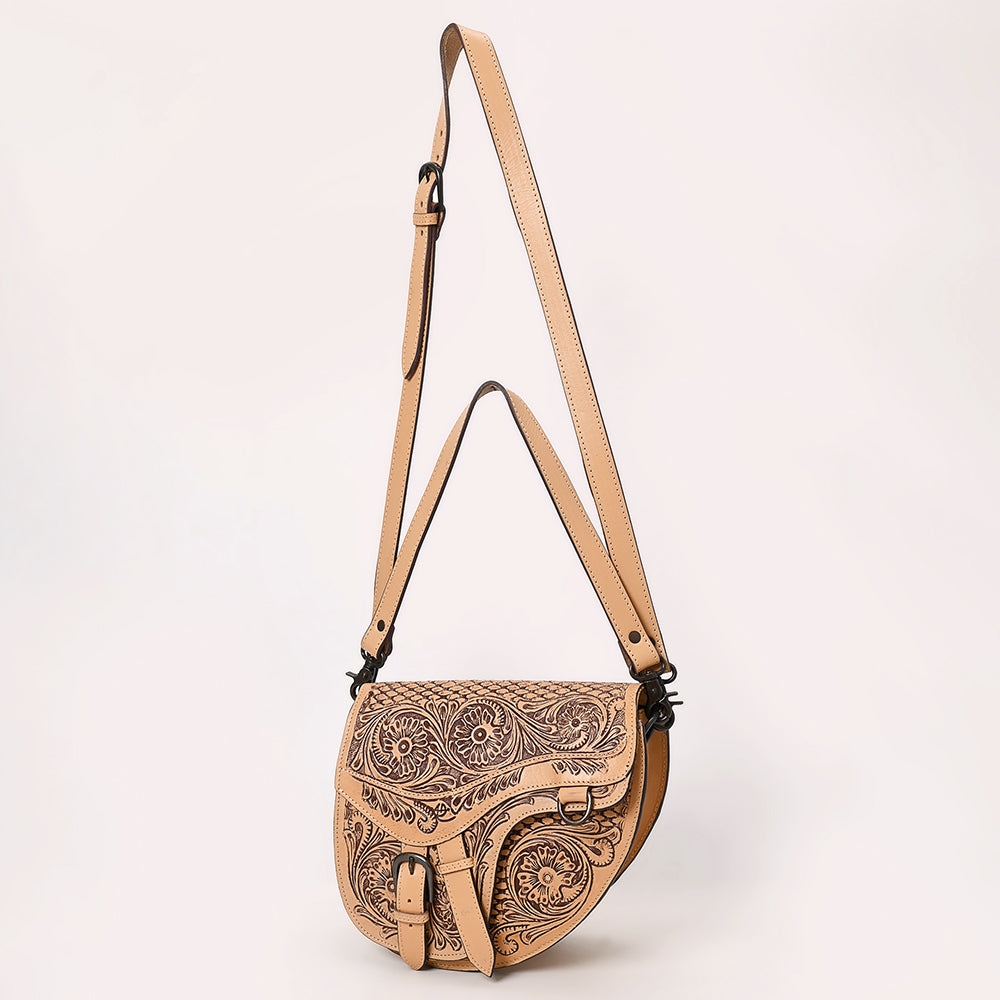 ADBGZ818 Western Saddle bag Crossbody - Hand-Tooled Leather Buckle Flap Bag in Natural Tan