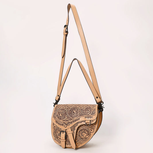 ADBGZ818 Western Saddle bag Crossbody - Hand-Tooled Leather Buckle Flap Bag in Natural Tan