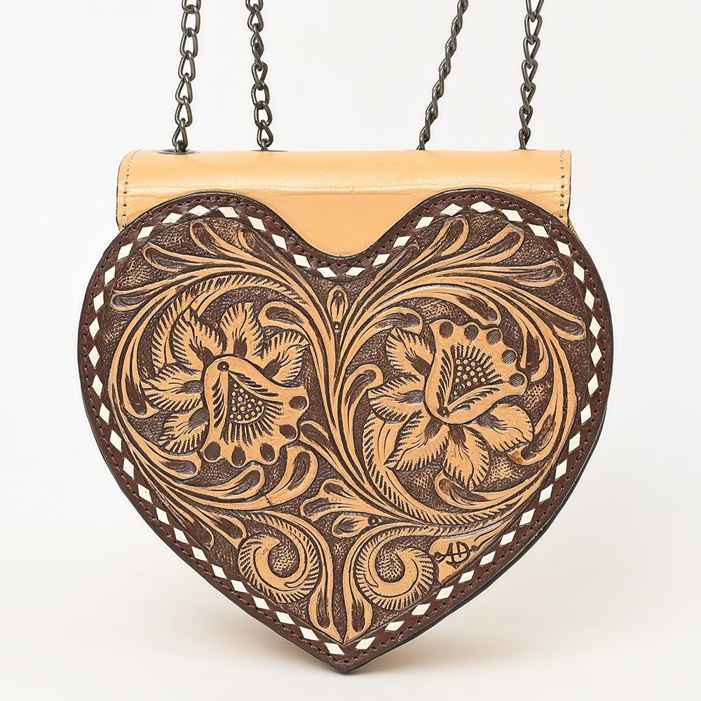ADBGZ819 Heart-Shaped Hand-Tooled Leather Crossbody Canteen Bag with Chain Strap