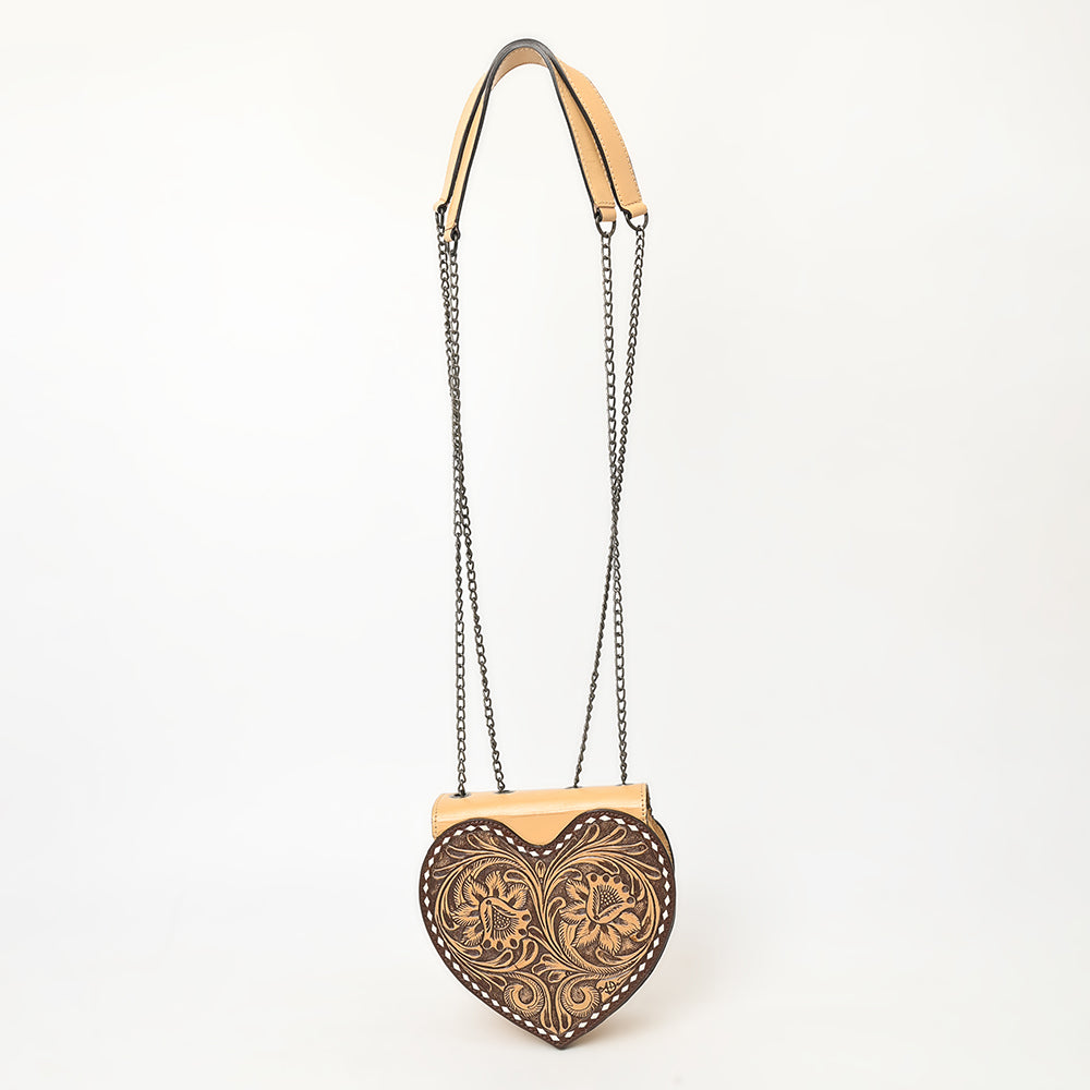 ADBGZ819 Heart-Shaped Hand-Tooled Leather Crossbody Canteen Bag with Chain Strap