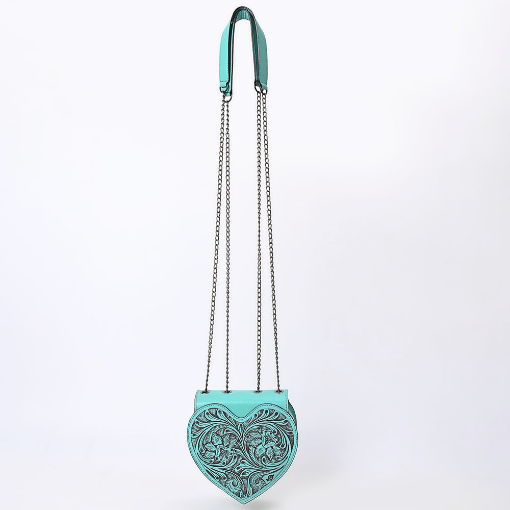 ADBGZ819 Heart-Shaped Hand-Tooled Leather Crossbody Canteen Bag with Chain Strap