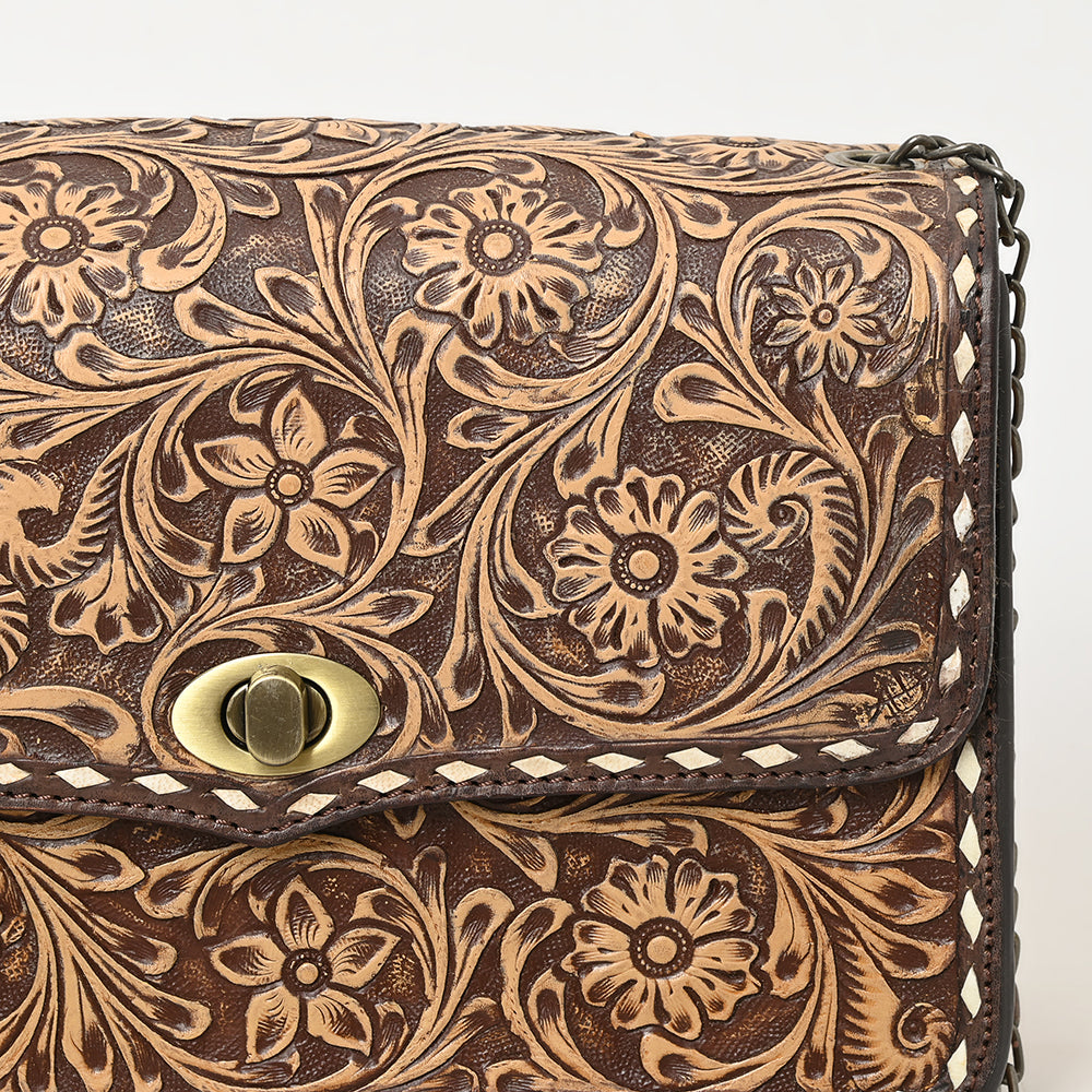 ADBGZ820 Hand-Tooled Leather Crossbody Bag with Chain Strap - Floral Western Design