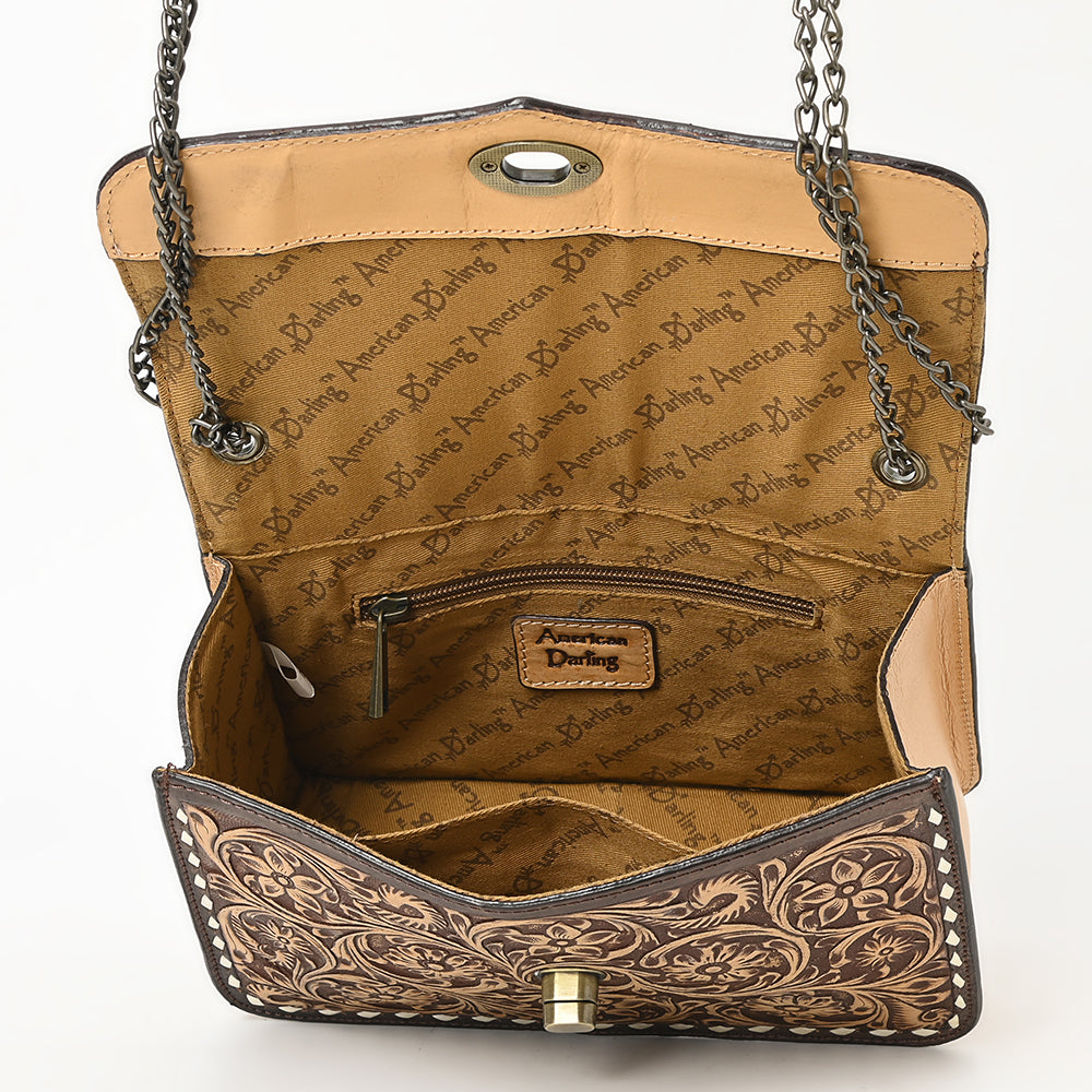 ADBGZ820 Hand-Tooled Leather Crossbody Bag with Chain Strap - Floral Western Design