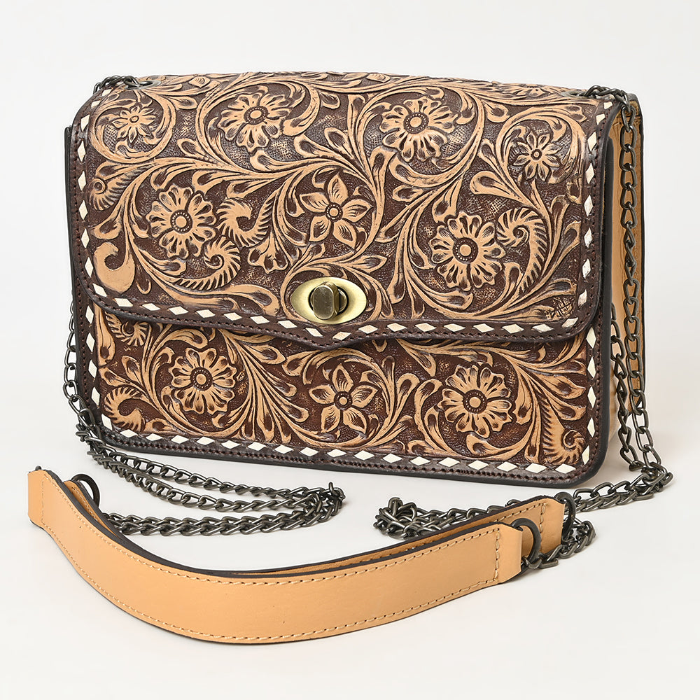 ADBGZ820 Hand-Tooled Leather Crossbody Bag with Chain Strap - Floral Western Design