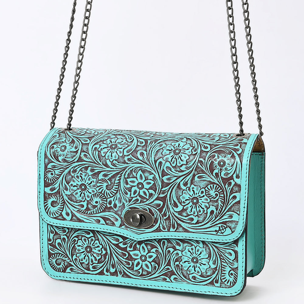 ADBGZ820 Hand-Tooled Leather Crossbody Bag with Chain Strap - Floral Western Design