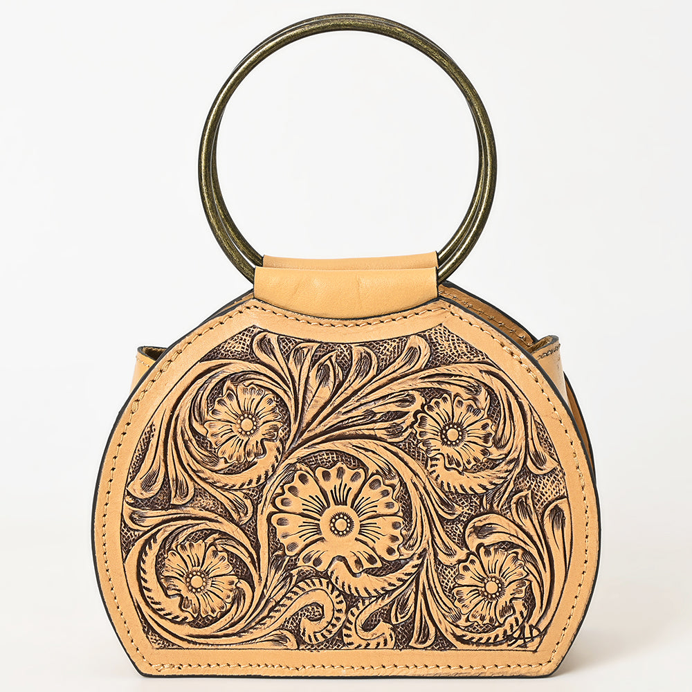 ADBGZ822 Hand-Tooled Leather Western Ring Handle Clutch Bag - Floral Design