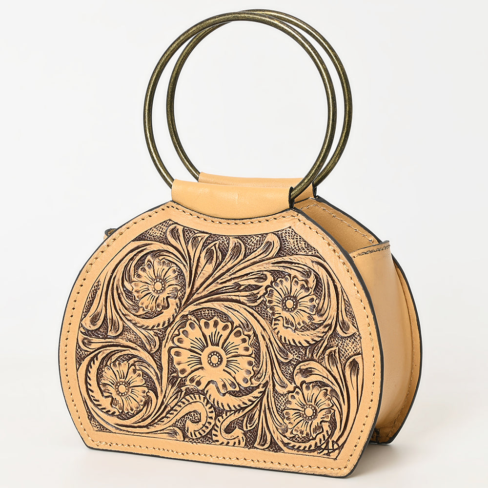 ADBGZ822 Hand-Tooled Leather Western Ring Handle Clutch Bag - Floral Design