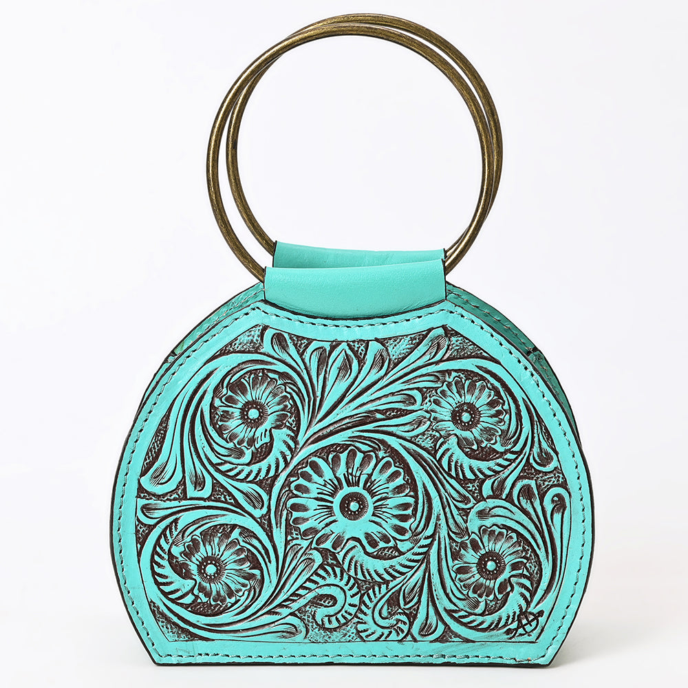 ADBGZ822 Hand-Tooled Leather Western Ring Handle Clutch Bag - Floral Design