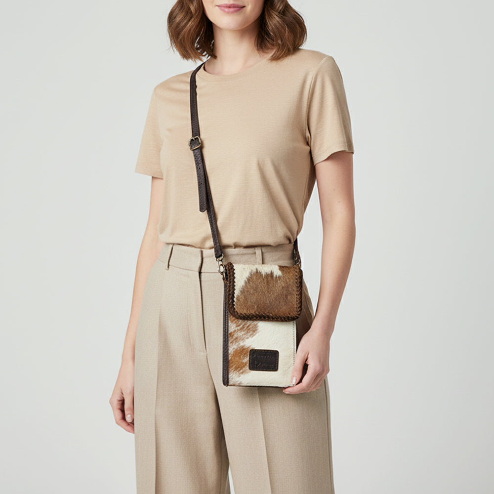 ADBGM511 Mini Hair-On Leather Crossbody - Western Cellphone Holder Bag with Braided Trim