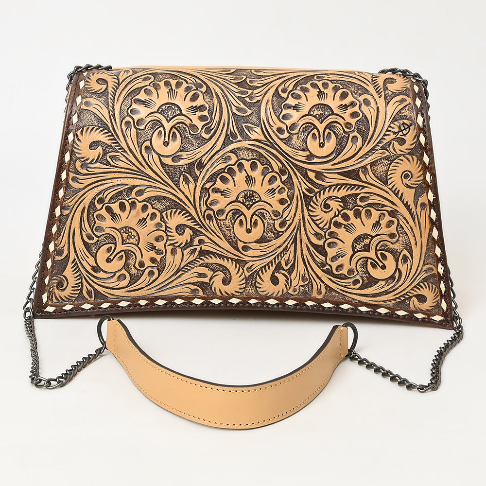 ADBGZ823 Structured Hand-Tooled Leather Crossbody Bag Western Floral with Chain Strap