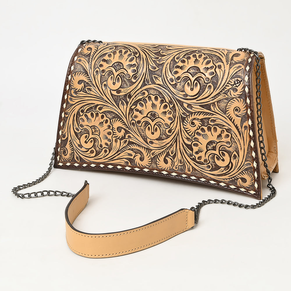 ADBGZ823 Structured Hand-Tooled Leather Crossbody Bag Western Floral with Chain Strap