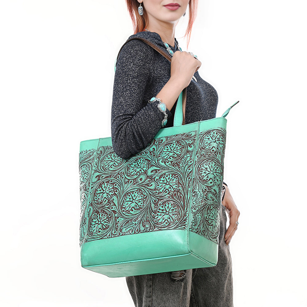 ADBGZ825 Hand-Tooled Leather Western Tote Bag - Large Floral Design