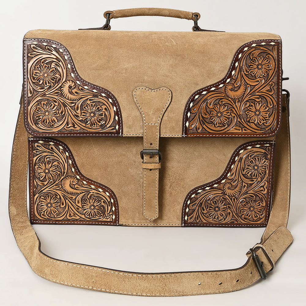 ADBG1436 American Darling Hand-Tooled Genuine Leather Western Briefcase Bag - Genuine Suede & Buckstitch Artisan Design