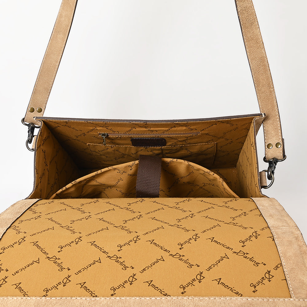 ADBG1436 American Darling Hand-Tooled Genuine Leather Western Briefcase Bag - Genuine Suede & Buckstitch Artisan Design
