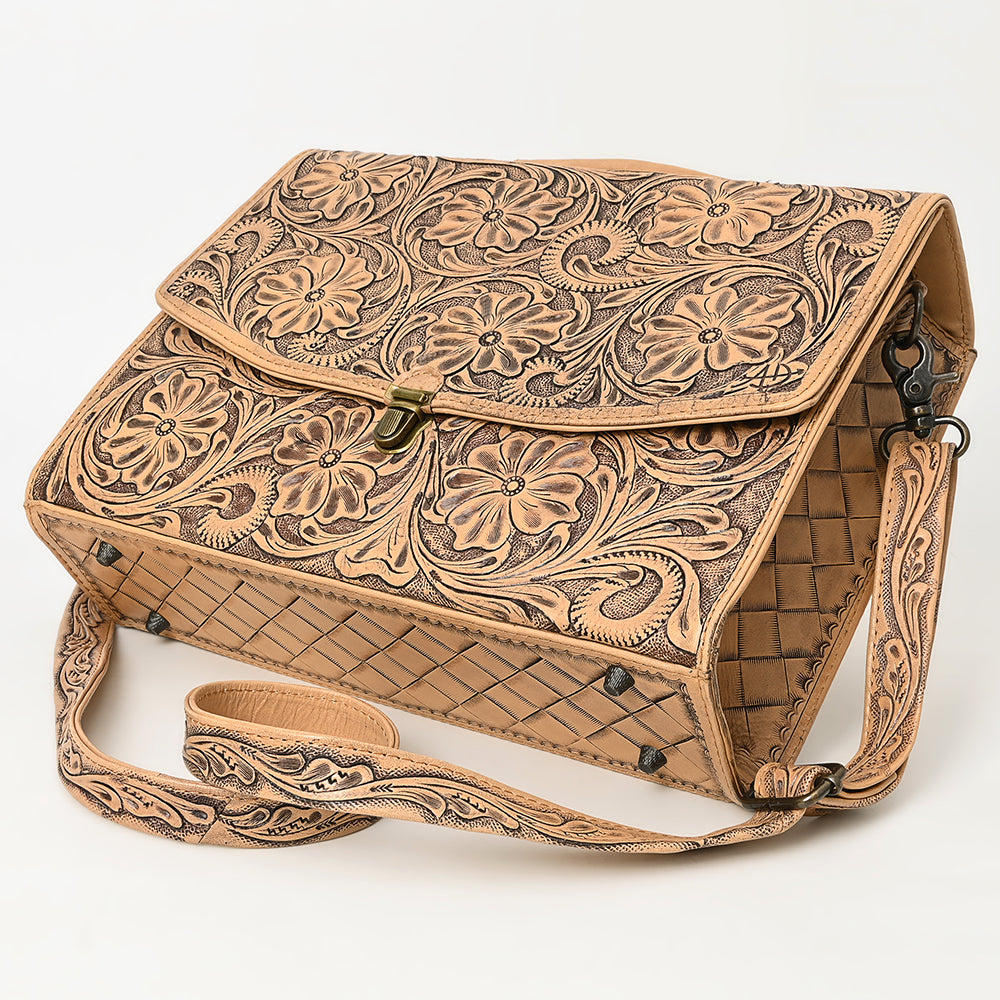ADBG1437 American Darling Western Hand-Tooled Leather Briefcase Bag - Floral Carved Genuine Leather Work Bag