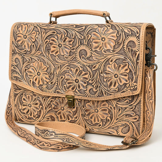 ADBG1437 American Darling Western Hand-Tooled Leather Briefcase Bag - Floral Carved Genuine Leather Work Bag