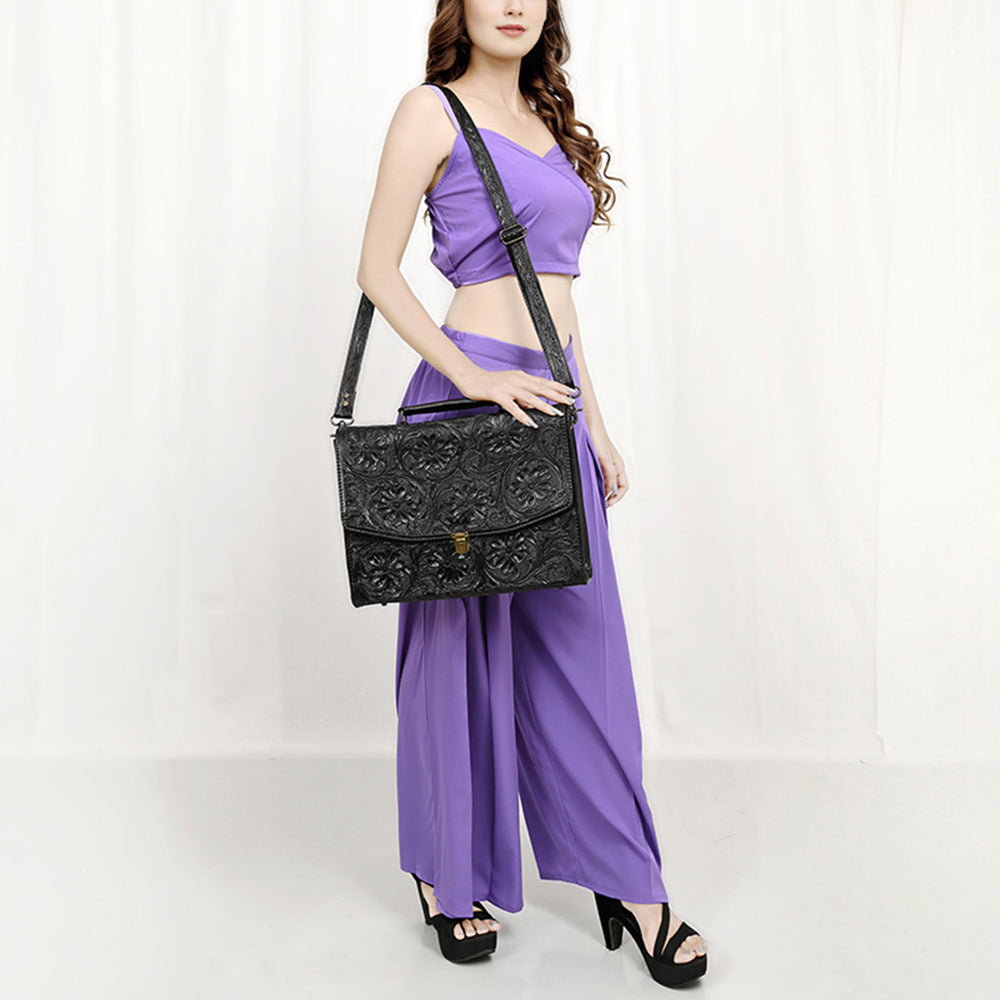 ADBG1437 American Darling Western Hand-Tooled Leather Briefcase Bag - Floral Carved Genuine Leather Work Bag