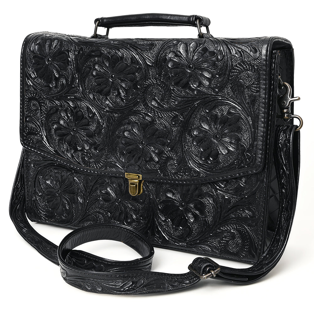 ADBG1437 American Darling Western Hand-Tooled Leather Briefcase Bag - Floral Carved Genuine Leather Work Bag