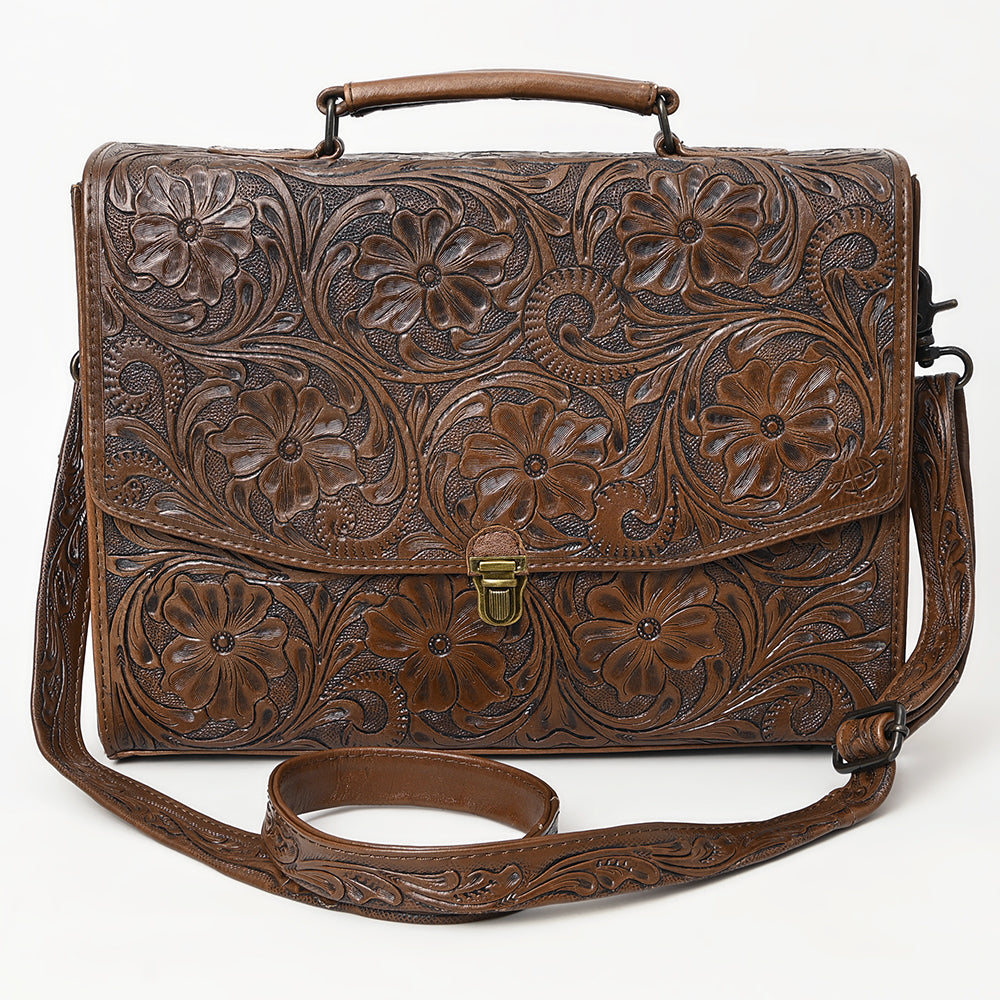 ADBG1437 American Darling Western Hand-Tooled Leather Briefcase Bag - Floral Carved Genuine Leather Work Bag