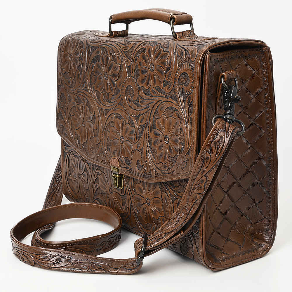 ADBG1437 American Darling Western Hand-Tooled Leather Briefcase Bag - Floral Carved Genuine Leather Work Bag