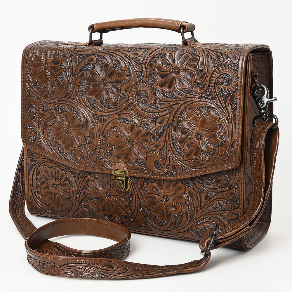 ADBG1437 American Darling Western Hand-Tooled Leather Briefcase Bag - Floral Carved Genuine Leather Work Bag