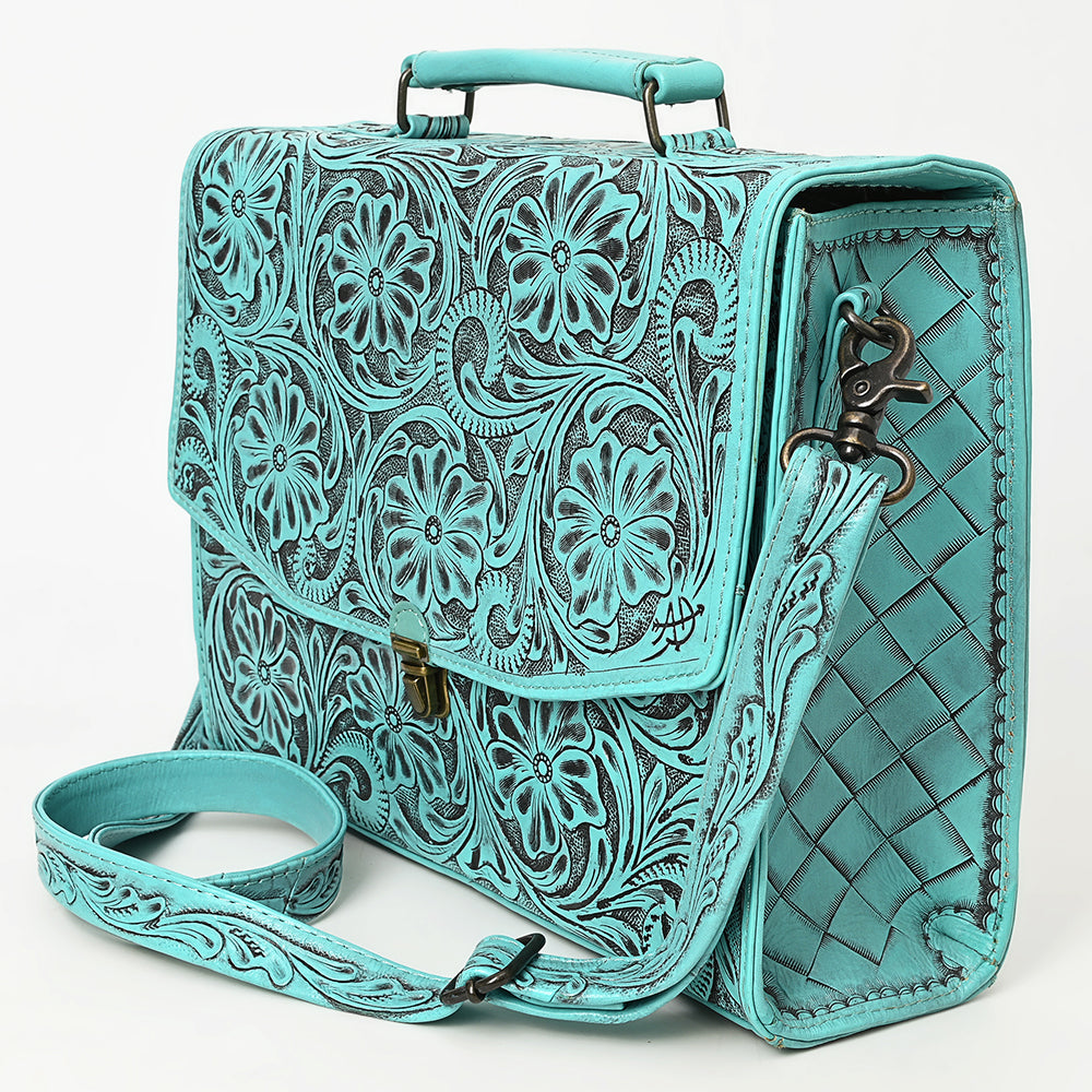 ADBG1437 American Darling Western Hand-Tooled Leather Briefcase Bag - Floral Carved Genuine Leather Work Bag