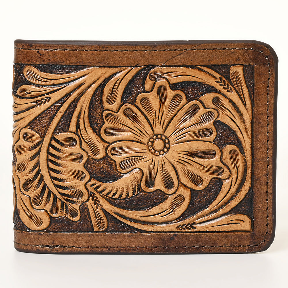 ADBG1438 American Darling Hand-Tooled Genuine Leather Western Wallet Bag with Floral Carving & Card Slots