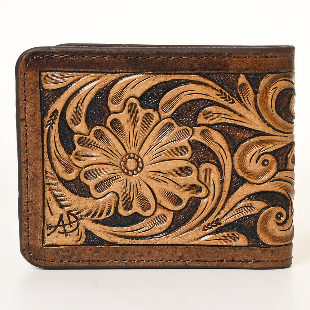 ADBG1438 American Darling Hand-Tooled Genuine Leather Western Wallet Bag with Floral Carving & Card Slots