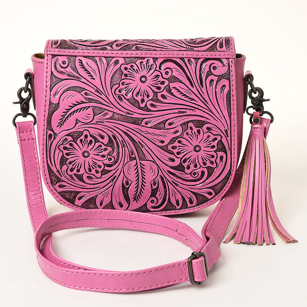 ADBG1439 American Darling Hand-Tooled Western Leather Crossbody Bag - Genuine Leather Pink Tassel Purse